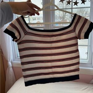 American Eagle Outfitters Off-Shoulder Striped Sweater - Navy, White, Red